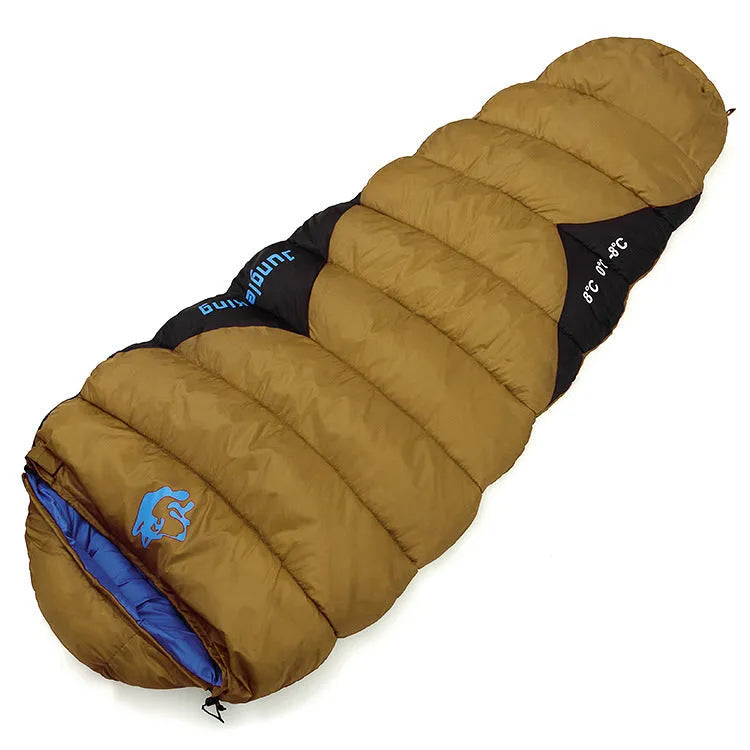 Outdoor cotton sleeping bag in Army Green with its compression sack, sized 230cm long.