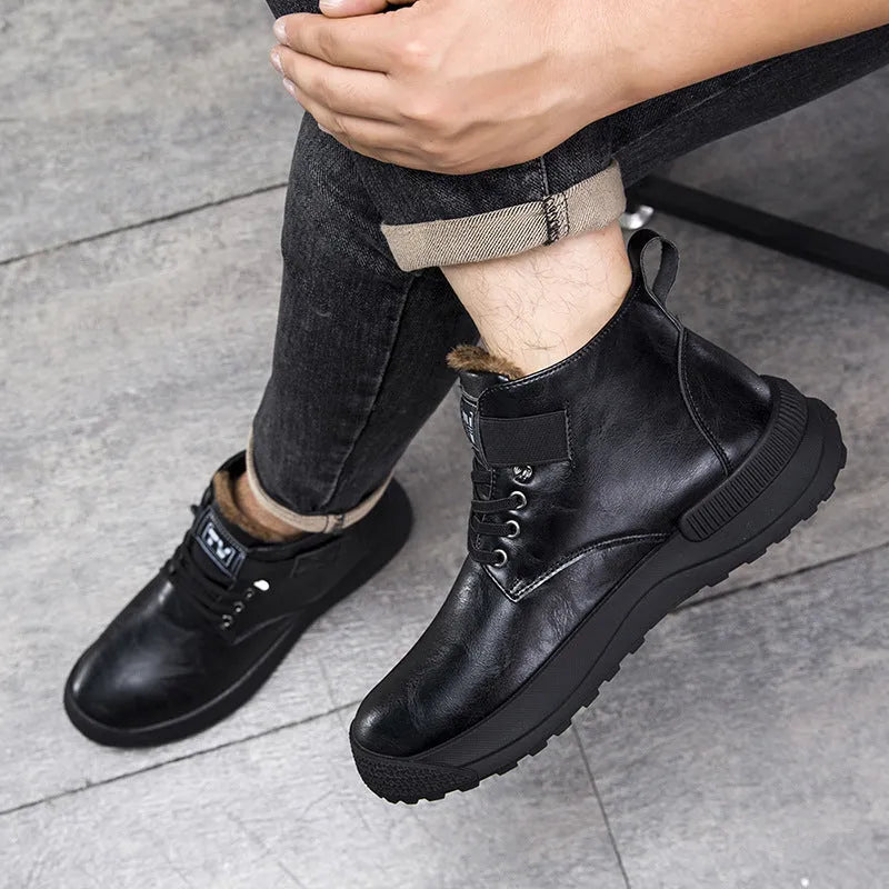 Black high-top Martin platform boots with velvet finish and rubber sole