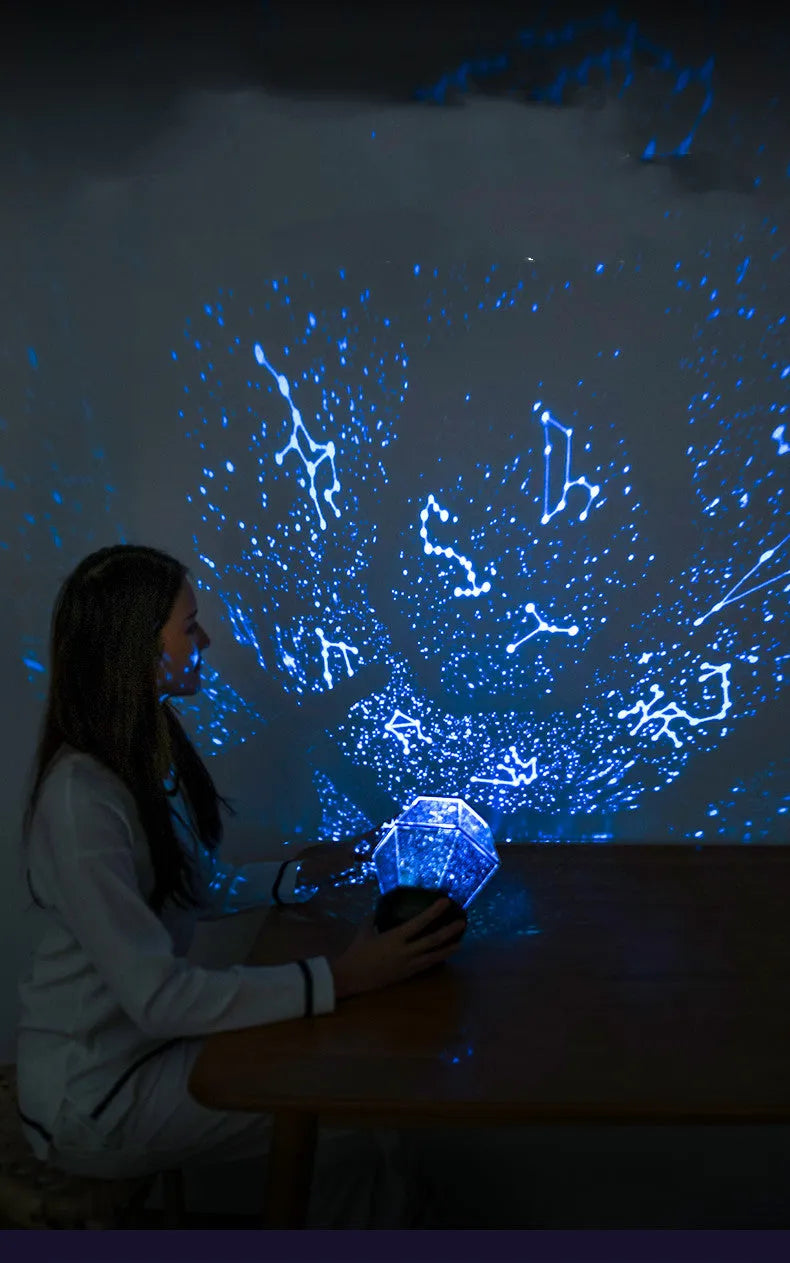 Children's rotating stars LED constellation projector night light showing colourful star patterns on a wall.
