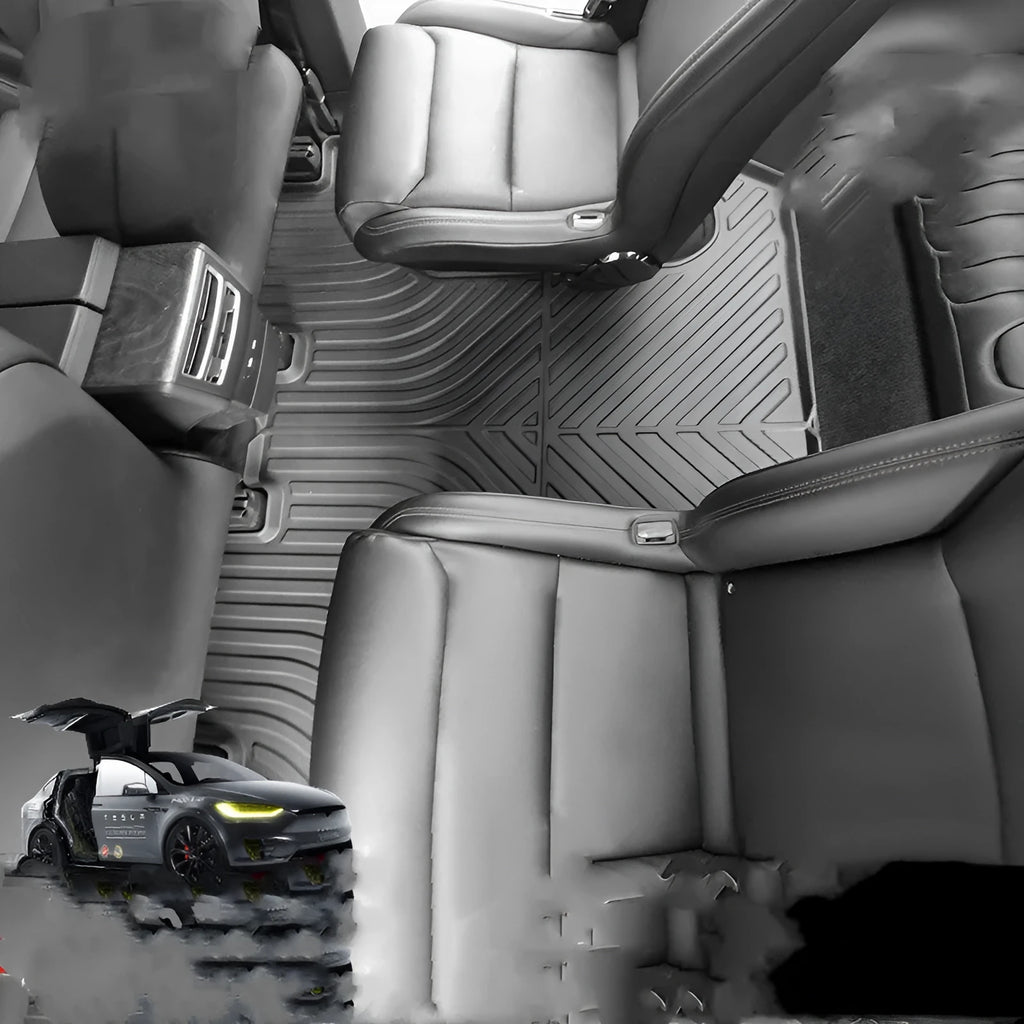 Rubber floor mat set for Tesla Model X showing foot pads and tailbox cushion for interior protection