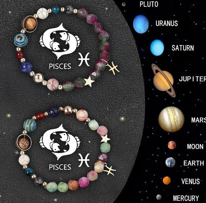 Set of two adjustable natural stone beaded bracelets showing different zodiac sign designs.