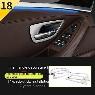 Black ABS and stainless steel interior handle trim strips for BMW 5 Series F10/F1 models, four-piece set.