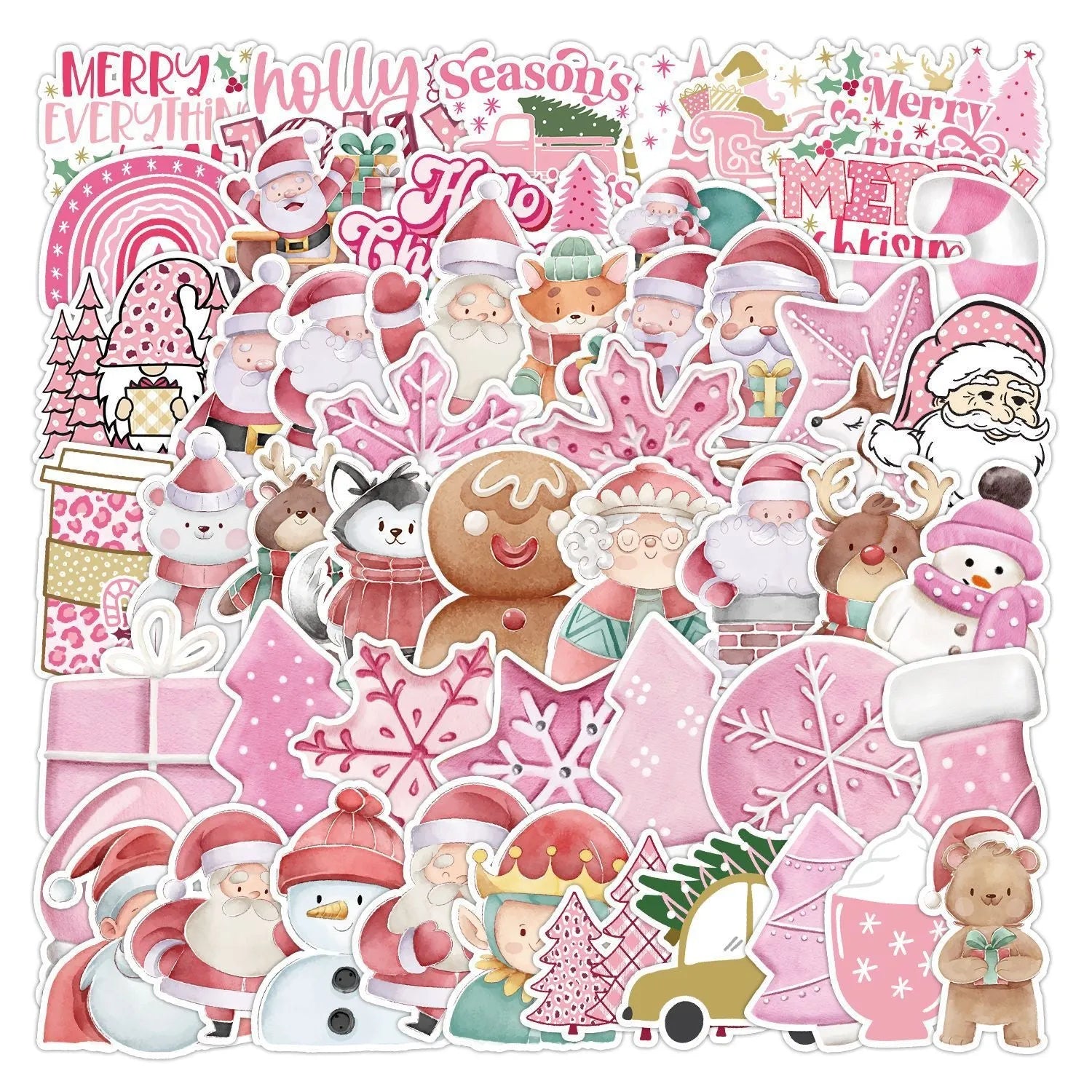 50 waterproof Christmas stickers in various cute designs ranging from 4cm to 8cm sizes