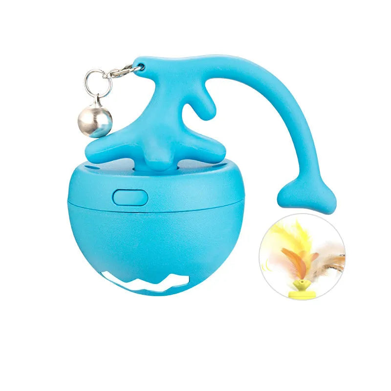 USB electric cat teasing ball with fish bone design and separate feather wand attachment in blue, pink, or yellow