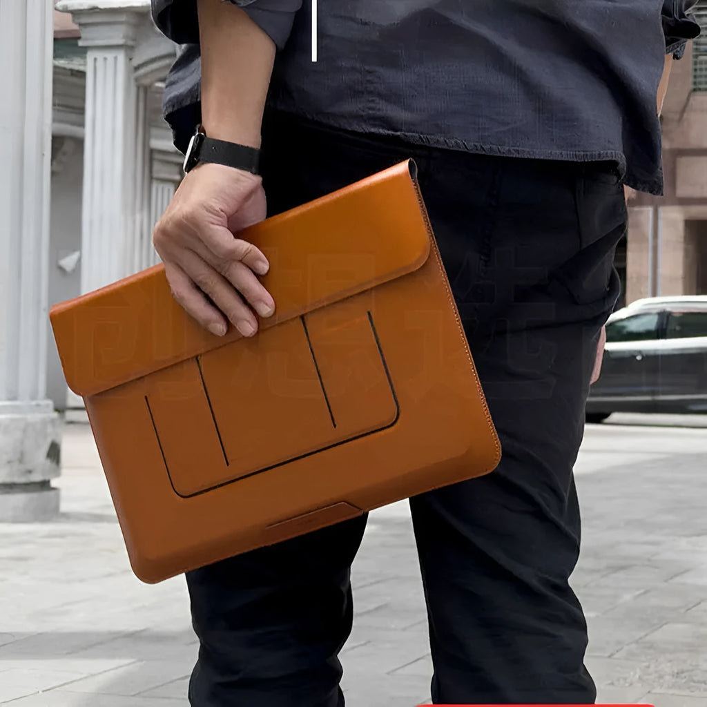 Black 13.3 inch laptop bracket bag with integrated adjustable stand in open and closed positions.