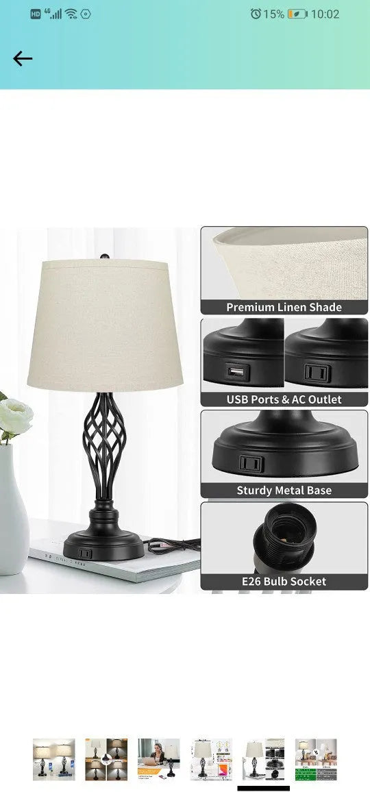 European style alloy bedside table lamp with touch controls for cold and warm dimmable light and USB charging socket