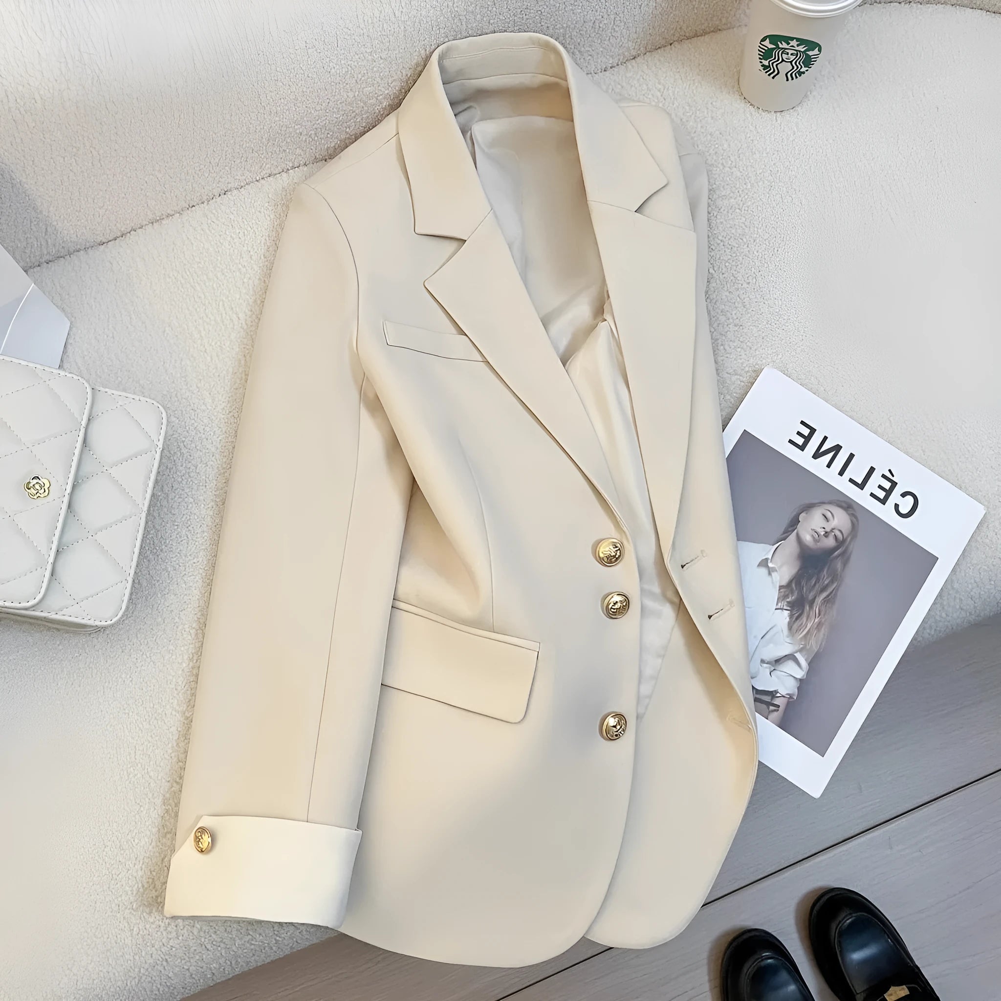 Women's Korean style loose fit coat in milky white with pockets and mid-length cut