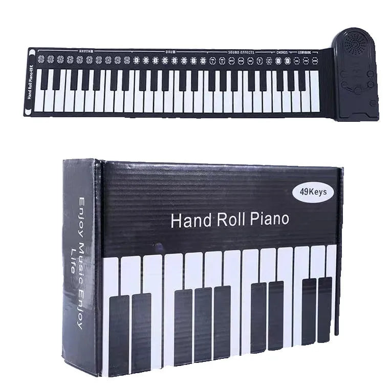 Portable folding electronic keyboard with roll-up silicone keys and ABS control panel in black, silver, or white.