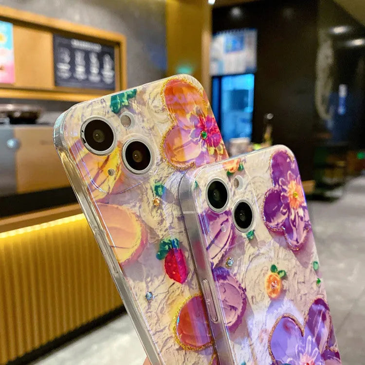 Yellow soft silicone phone case with oil painting floral design and rhinestone decorations
