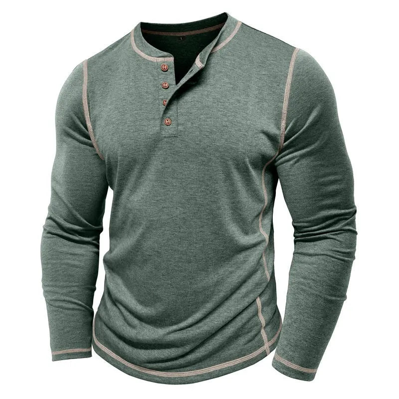 Men's cotton blend Henley shirt with four-button top, slim fit, available in blue, sizes S to 3XL