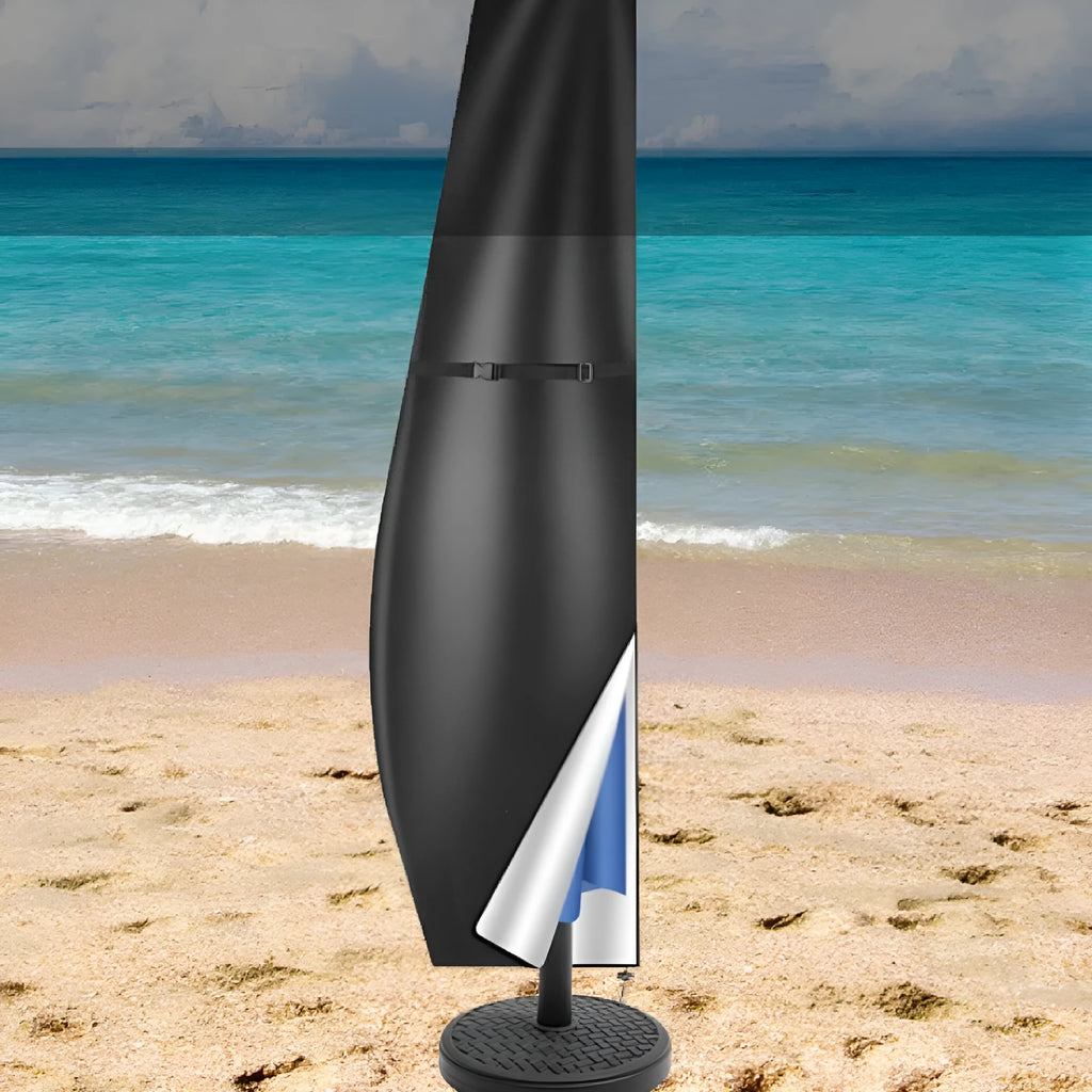 Simple grey waterproof Oxford cloth cover for an offset banana patio umbrella.