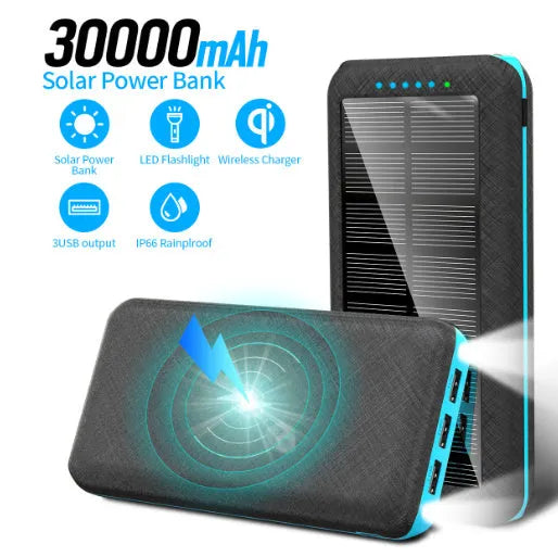 Portable power bank with wireless charging pad and three USB ports in black plastic casing
