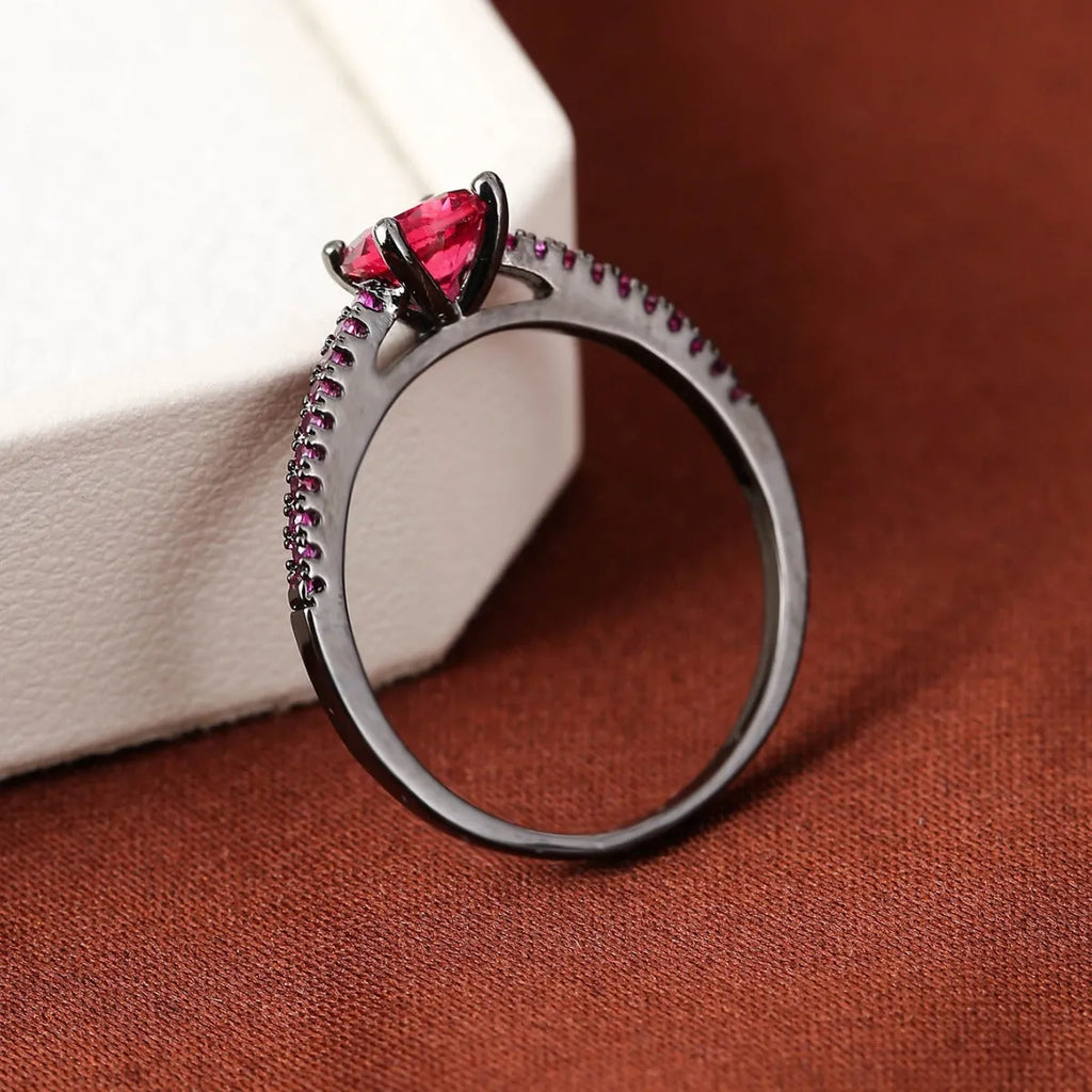 Geometric hexagon copper ring with colourful zircon stones in gold or gun black electroplated finish.