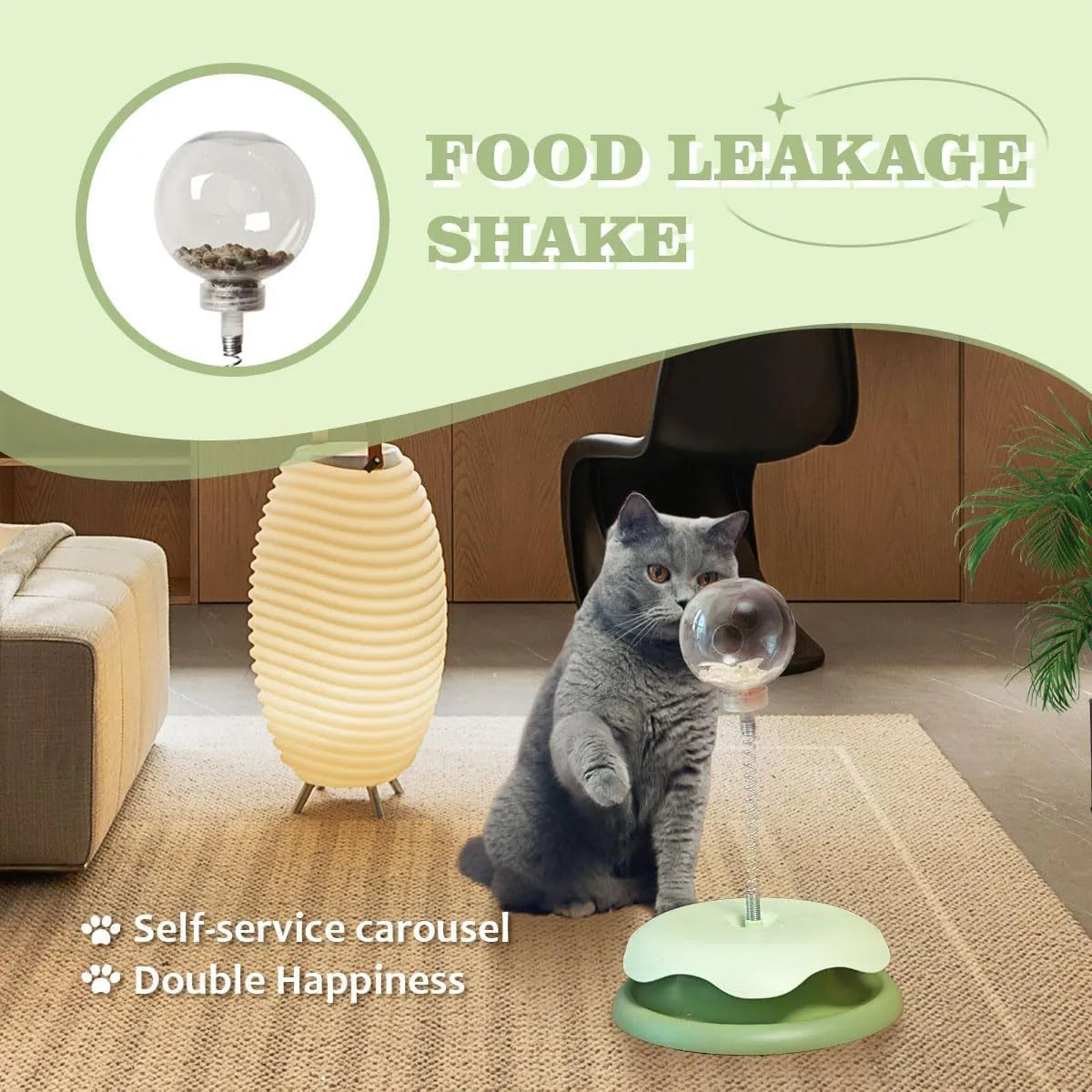 Blue or green PP plastic cat treat dispenser toy with a built-in track ball on a flat surface.