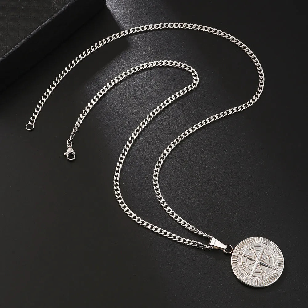 Titanium steel compass pendant necklace in gold, silver and black colours with regular chain
