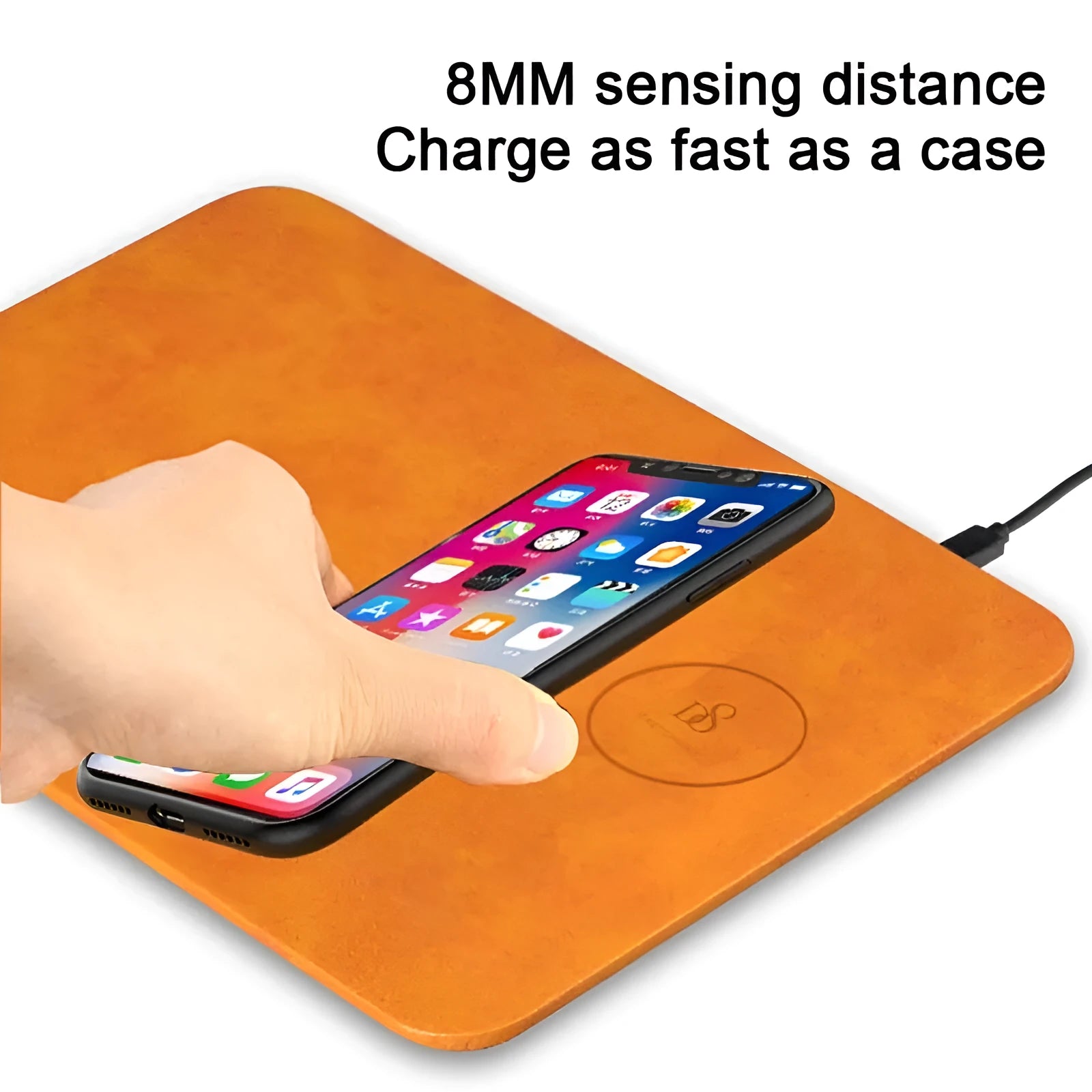 Brown leather wireless charging mouse pad with Micro USB cable