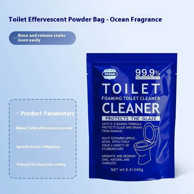 Toilet bubble powder descaler in blue ocean or pink floral fragrance, boxed 5x40g bags or 240g large bag.