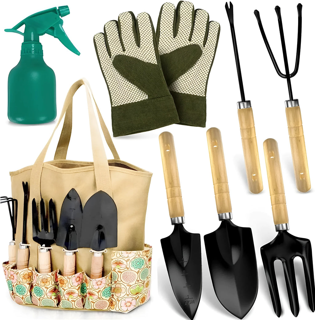 CG2001 model stainless steel gardening tool set with eight pieces and ergonomic handles