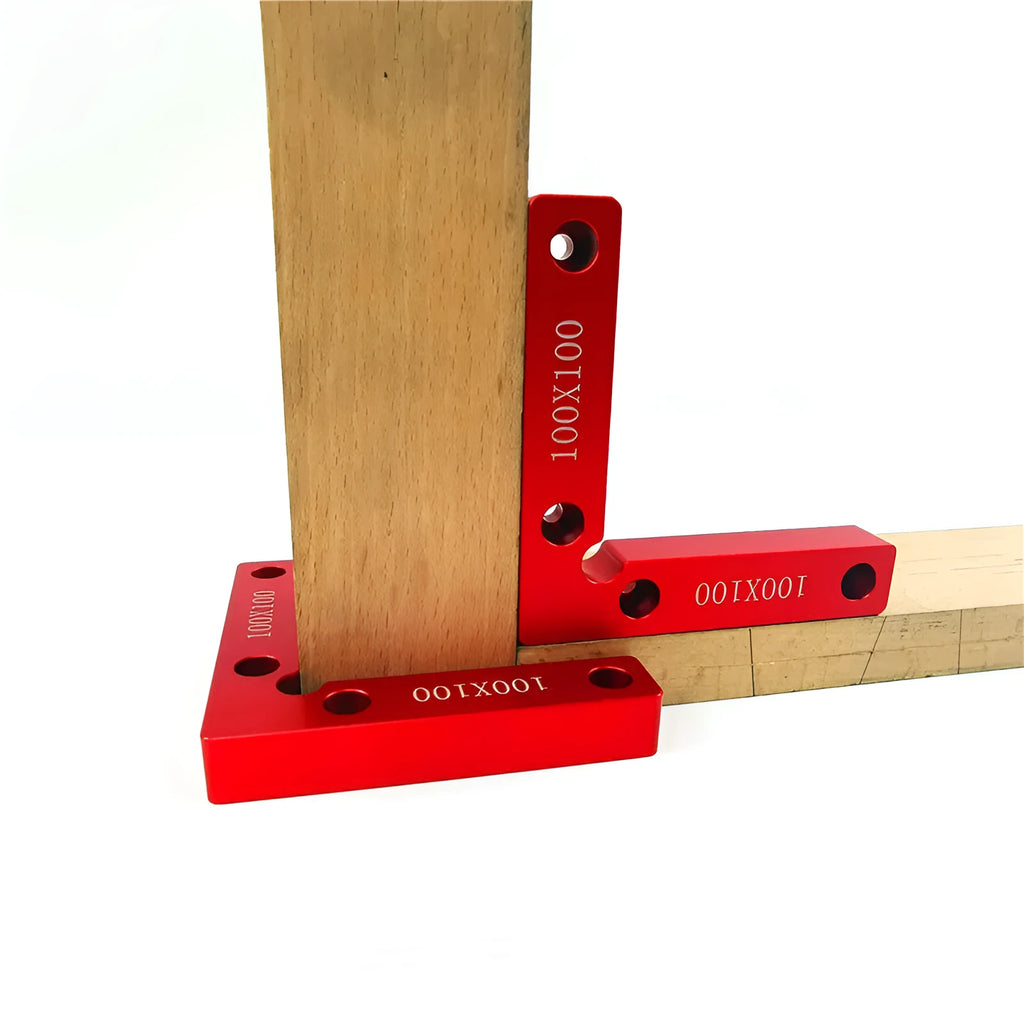Aluminium alloy right angle positioning block for woodworking jigsaw with accurate scale.
