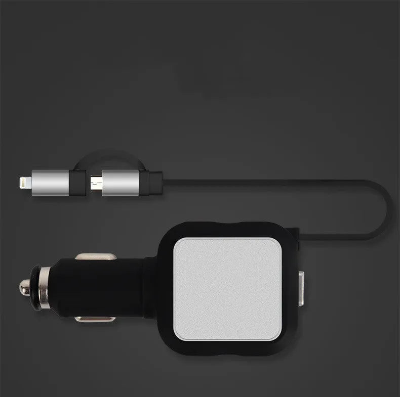 Black and gold 2-in-1 dual USB retractable car charger with two ports