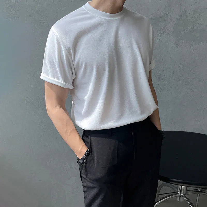 Men's slim fit cotton T-shirt in solid white colour on a hanger.