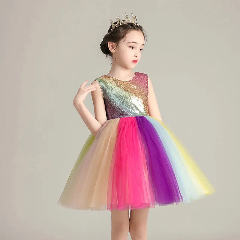 Girls rainbow skirt with lace and mesh layers in seven colours, polyester fabric, 110-160cm sizes