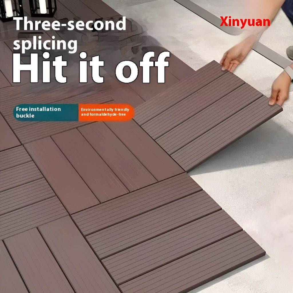 Wood grain plastic interlocking floor tile showing non-slip surface texture