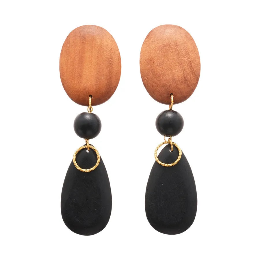 Retro wooden ellipse earrings in silver needle brown-black colour with manual craftsmanship