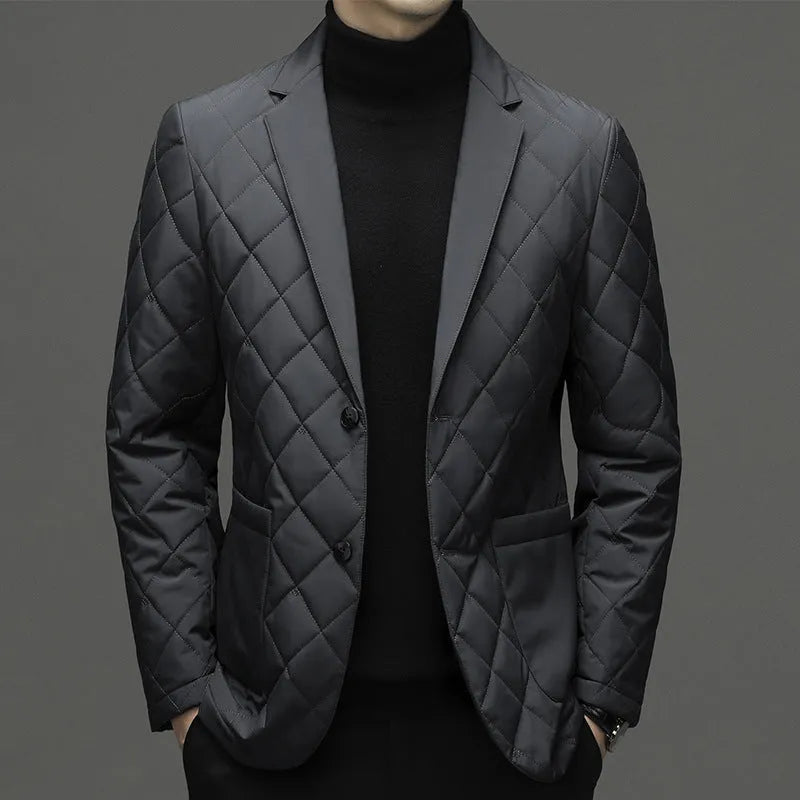 Men's thick winter down jacket with lapel collar in black, dark grey, or shrimp blue colour