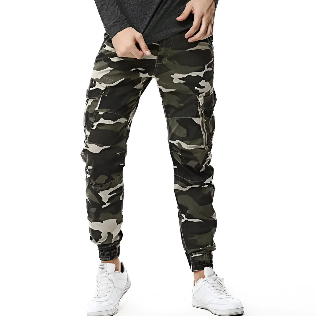 Men's outdoor camouflage polyester mid waist trousers in light army camouflage colour, size 32