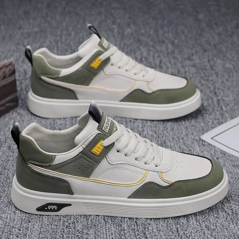 Men's low-top canvas board shoes in beige with leather stitching and a mesh lining.