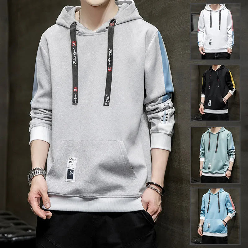 Men's casual loose fit hooded top in polyester, black colour option, front view