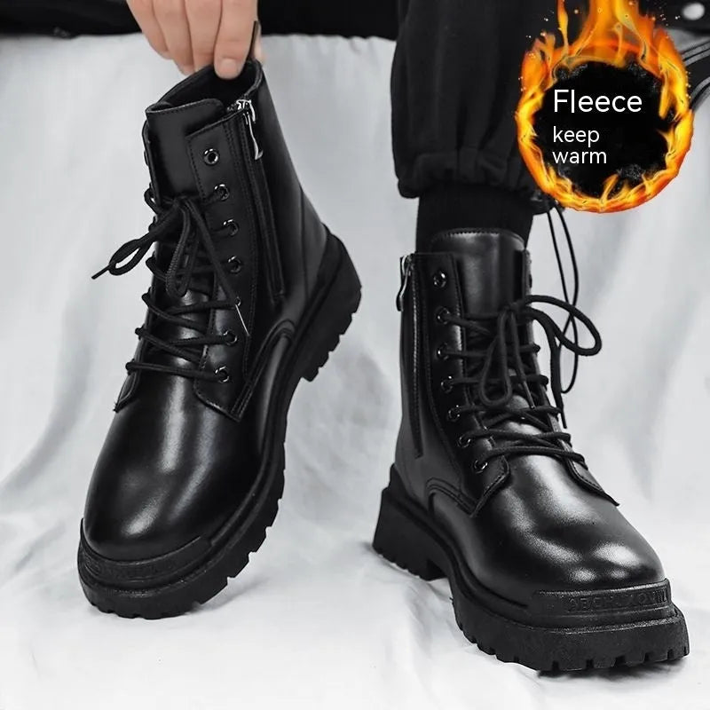 Men's black mid-top tide boots with rubber sole and PU upper in British leather style