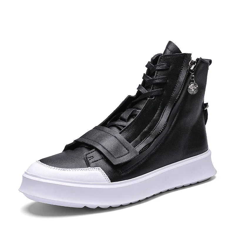 Men's black and white high-top sneaker style winter ankle boots made from PU leather microfiber.