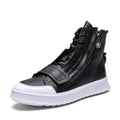 Men's black and white high-top sneaker style winter ankle boots made from PU leather microfiber.