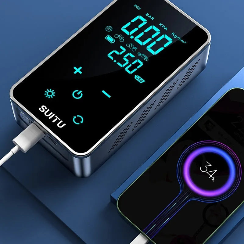 Compact black wireless car tyre inflator pump with LCD screen display on a grey background.