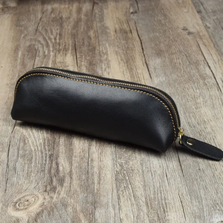 Handmade cowhide leather pencil case with zipper in square 18cm design