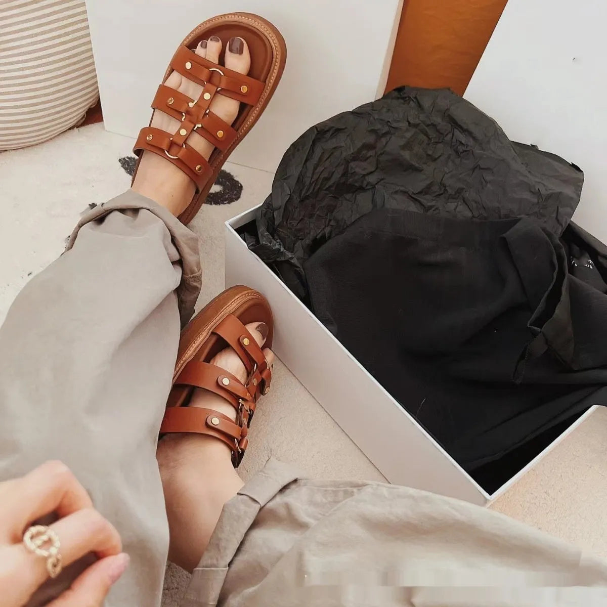 Women's Roman style sandal slippers in patent leather with sheepskin upper in three colour options