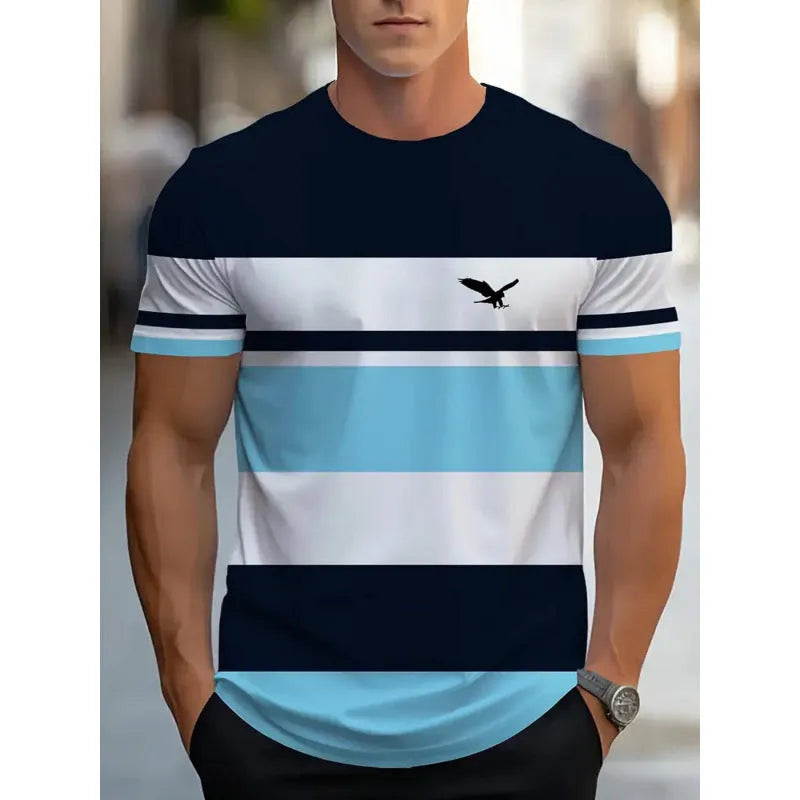 Men's striped short-sleeved t-shirt with digital 3D printing in loose fit polyester