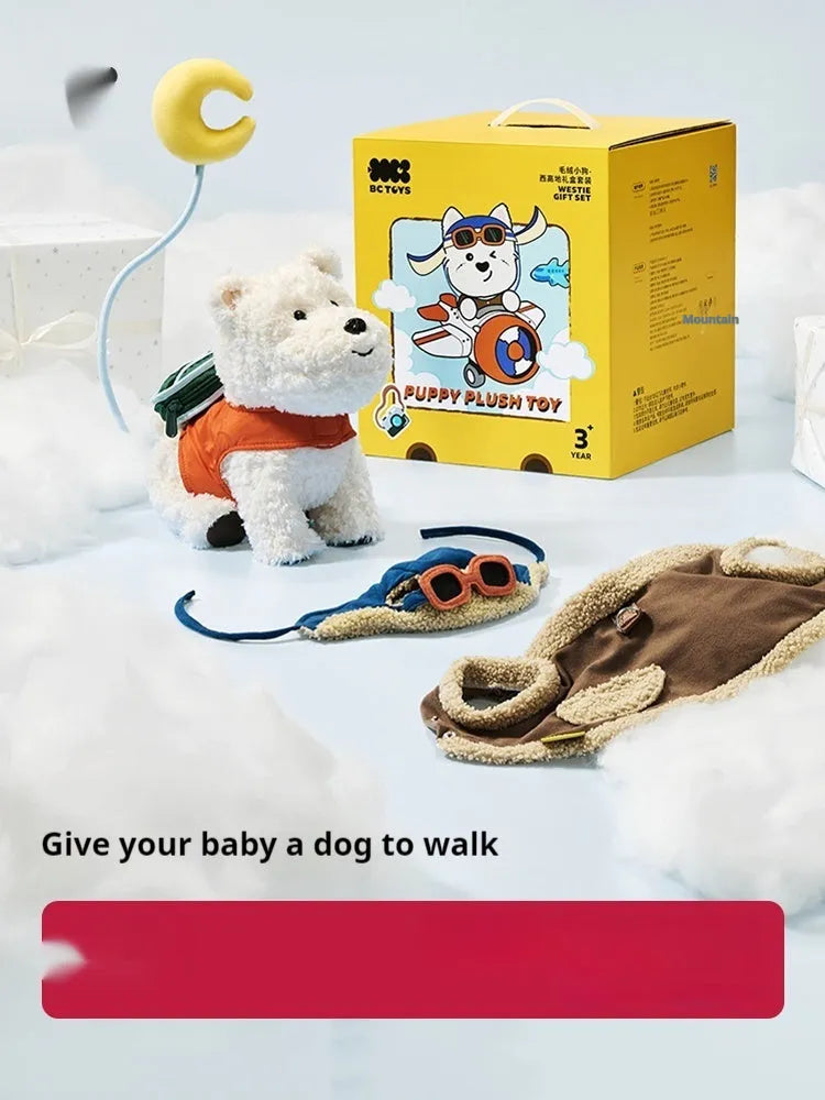 Babycare West Highland plush dog gift box set with two clothes on display