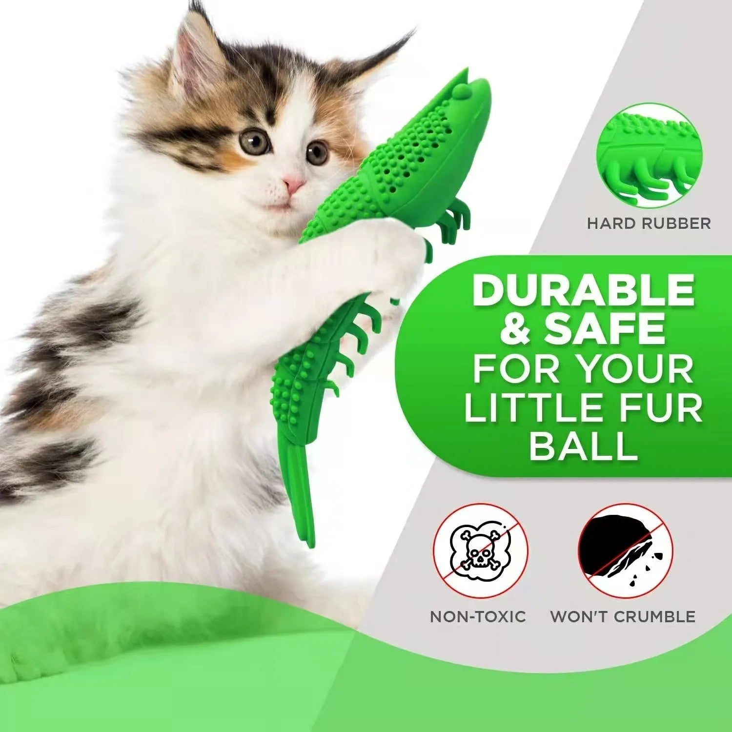 Blue hard rubber catnip toy with textured dental cleaning surface and bell inside