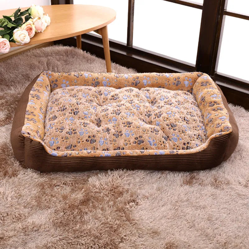 Beige soft plush sofa-style pet dog bed with raised sides for a small dog.