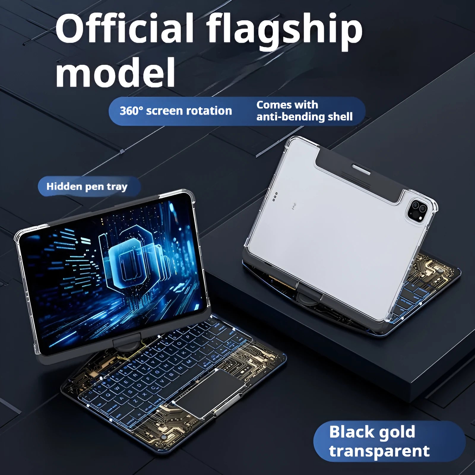 Transparent rotating keyboard protective case for iPad Air 5 tablet showing wireless keyboard and 360-degree hinge