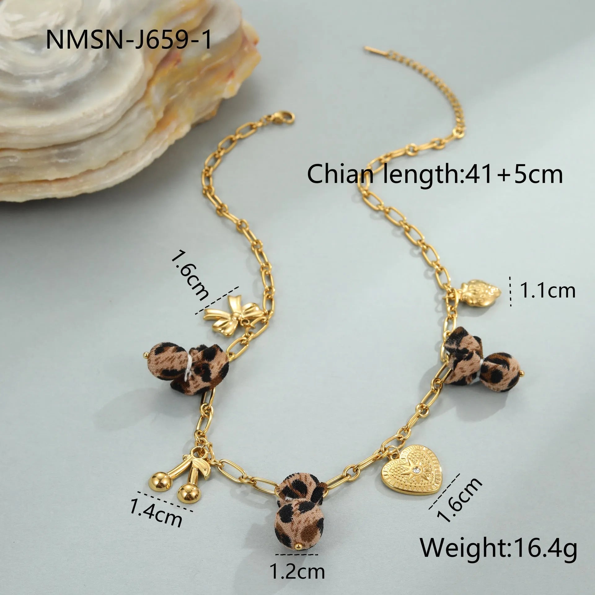 Women's stainless steel necklace with leopard pendant, heart and flower details, adjustable 41-50cm length