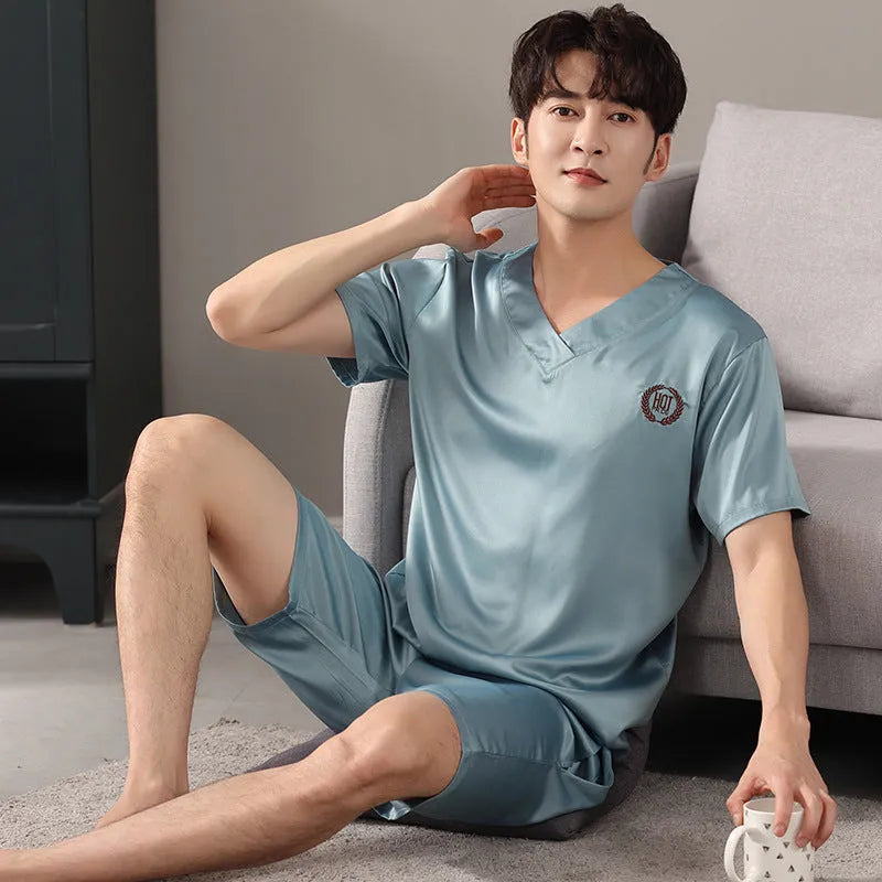 Men's loose-fitting ice silk short-sleeve pajama shirt and shorts set in various colours.