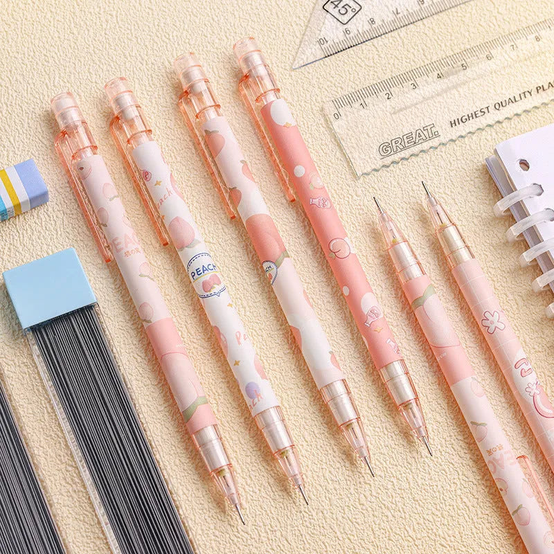 Peach plastic automatic pencil press 0.5mm lead with refills, no sharpening required