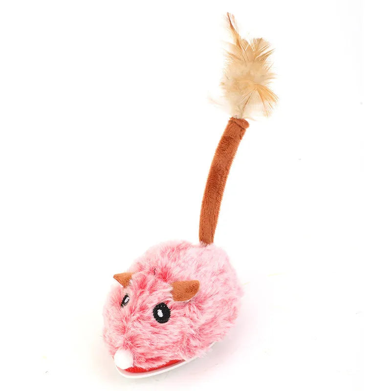 Electric self-hi cat toy with plush mouse on a pole, in pink, grey, or purple.