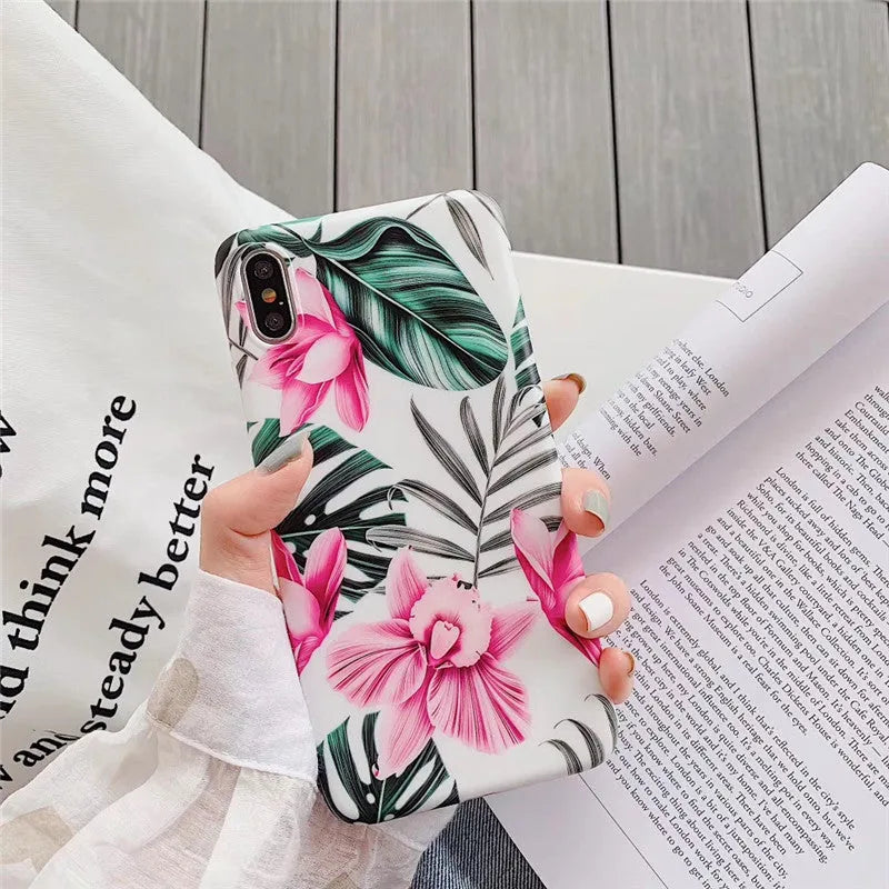 Pink floral print TPU phone case for iPhone showing back cover design