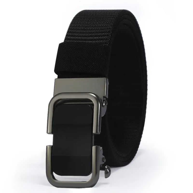 Men's nylon canvas belt with toothless alloy buckle shown in multiple colour options.