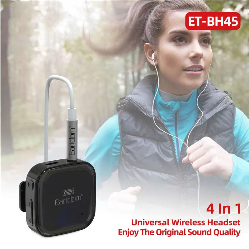 Black Bluetooth audio receiver headset with lavalier microphone for wireless calls and music